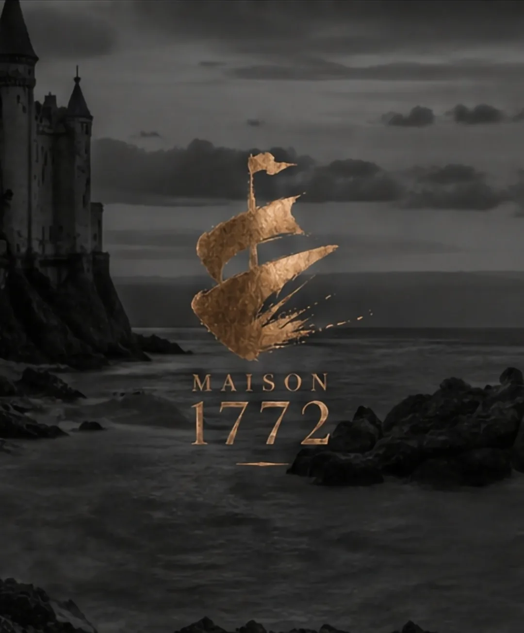 Castle on rocky coast with dark sea and clouds