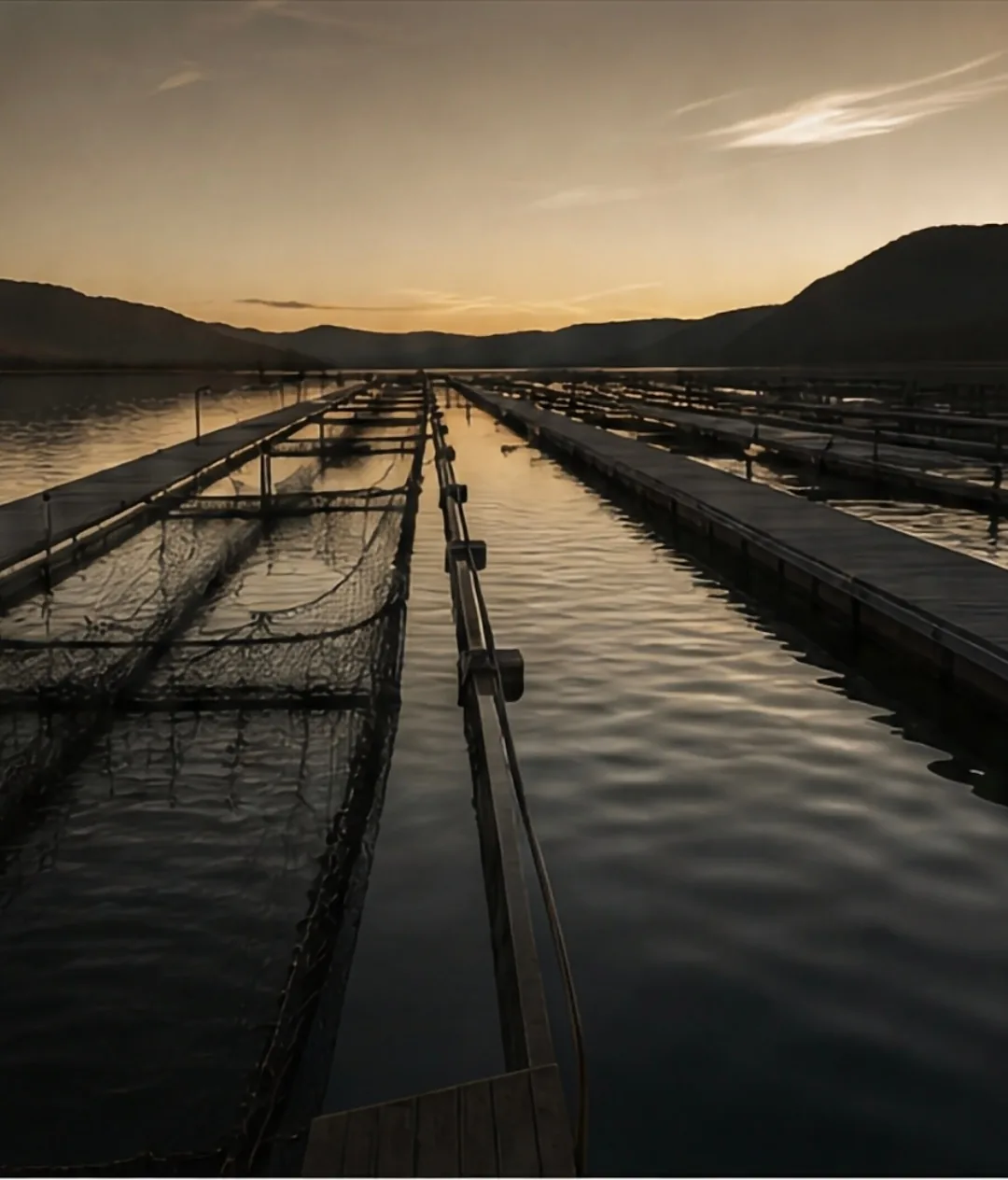 Sturgeon fish farm at sunset with wooden docks and nets