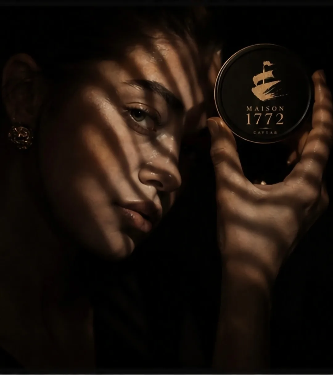 Woman holding Maison 1772 caviar tin in dramatic striped light
