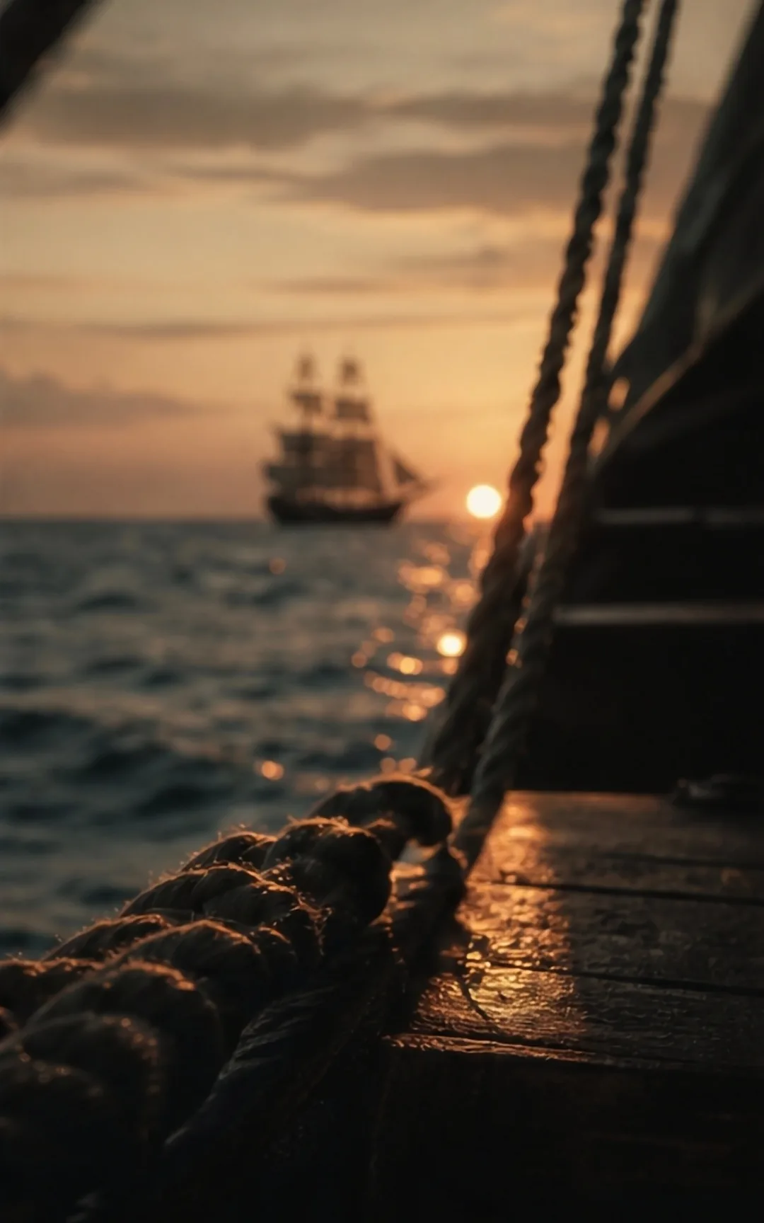 View from the deck of a wooden ship at sunset