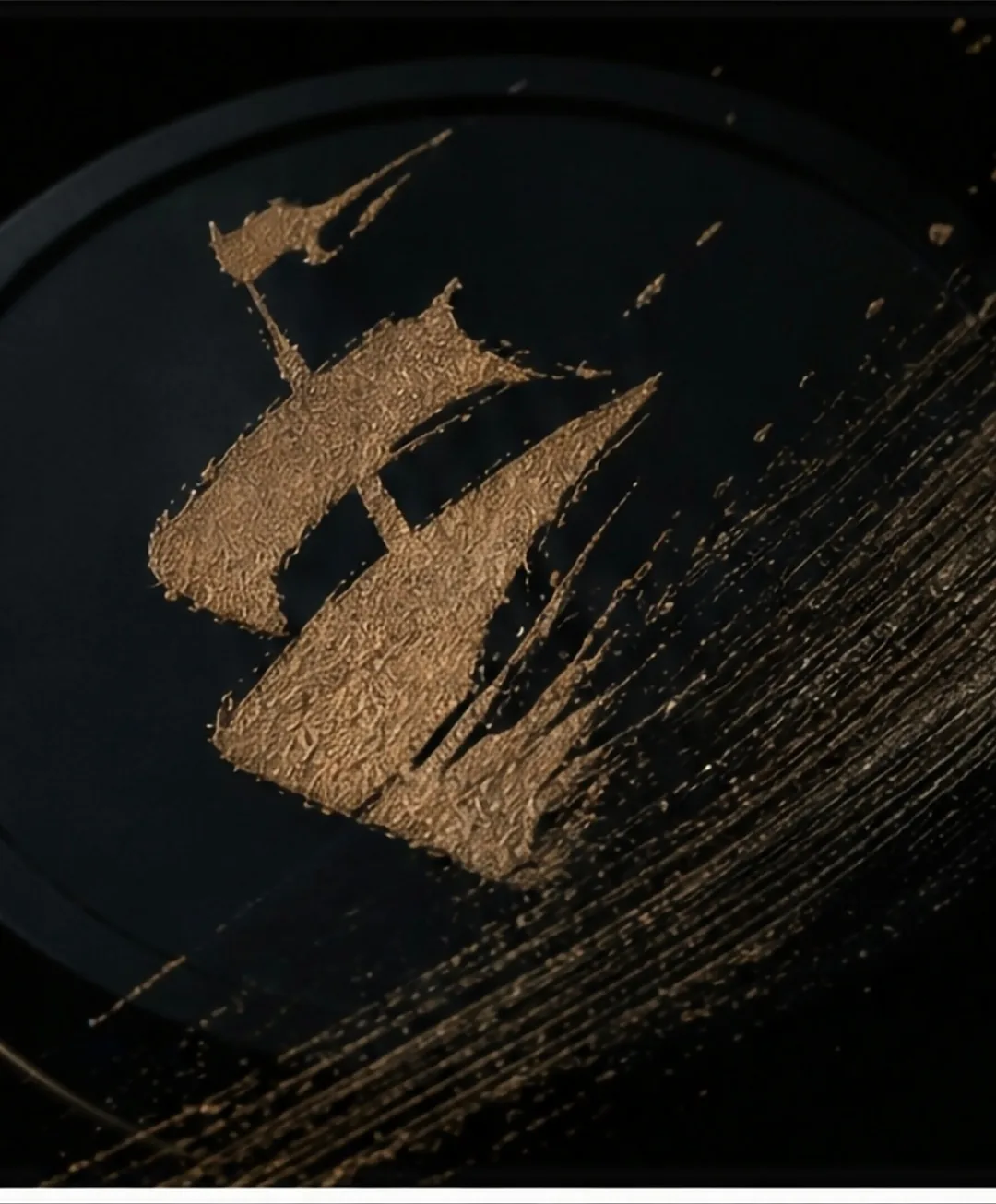 Gold ship emblem on black circular surface