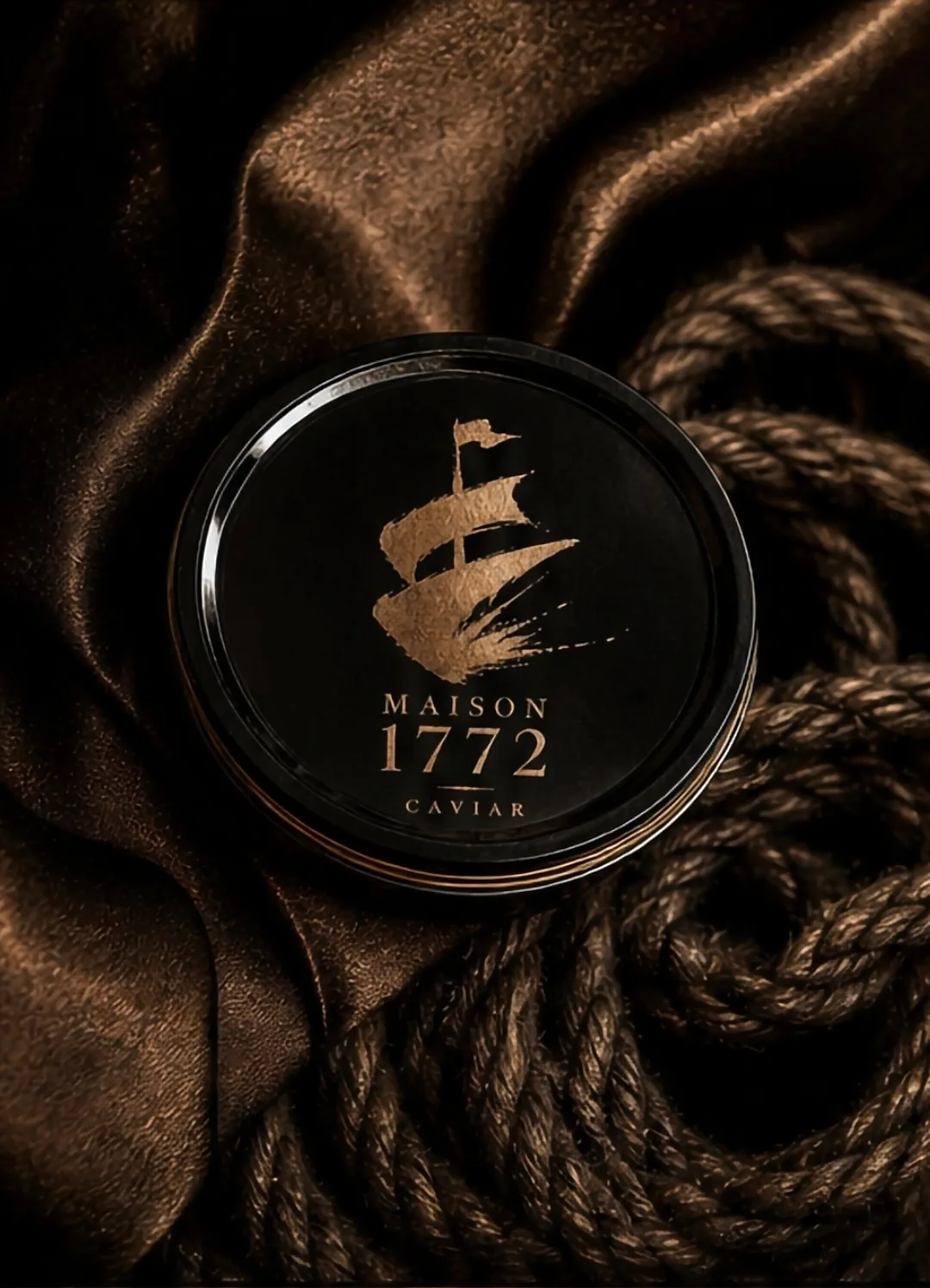 Maison 1772 caviar tin in coiled rope and draped fabric